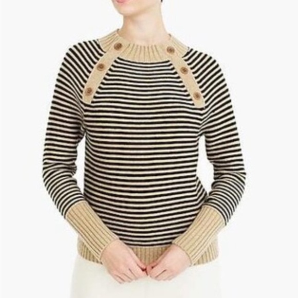 J. Crew Crewneck Sweater Tan Black Stripes Buttons Lambswool Blend Large - Picture 1 of 9